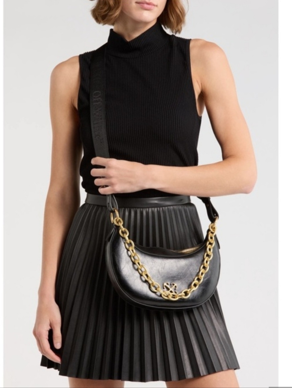 Off-White Hemisphere Black Leather Hobo Bag with Gold Chain NWT